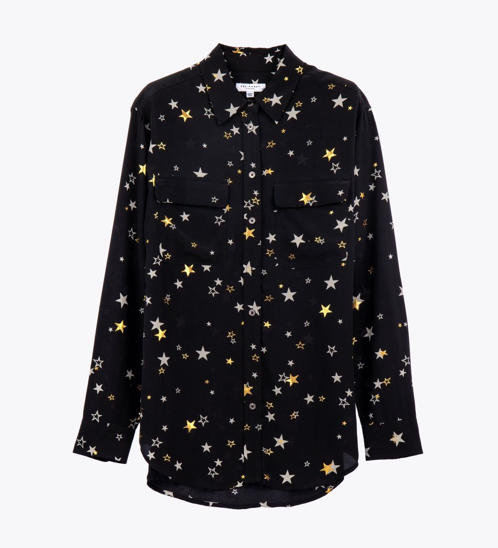LEEZ Women Silk Shirt Bronzing Star Print Black-XS