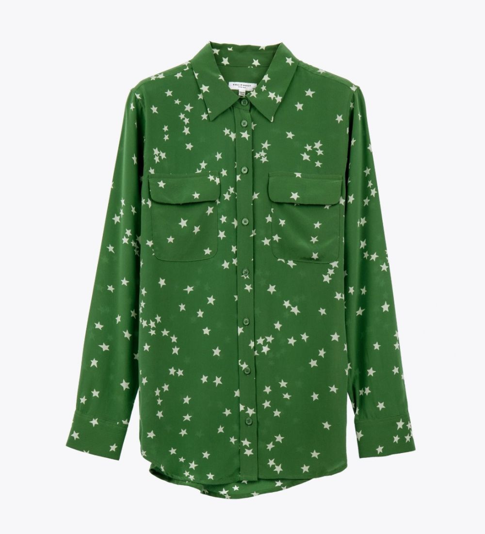 LEEZ Women Silk Shirt Star Pine Green