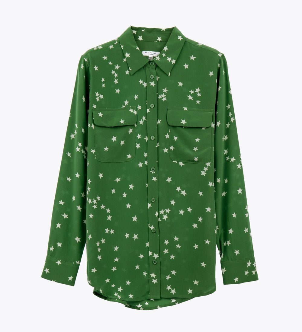 LEEZ Women Silk Shirt Star Pine Green-M