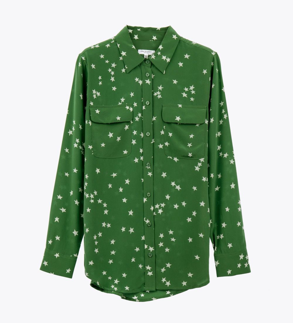LEEZ Women Silk Shirt Star Pine Green-XS