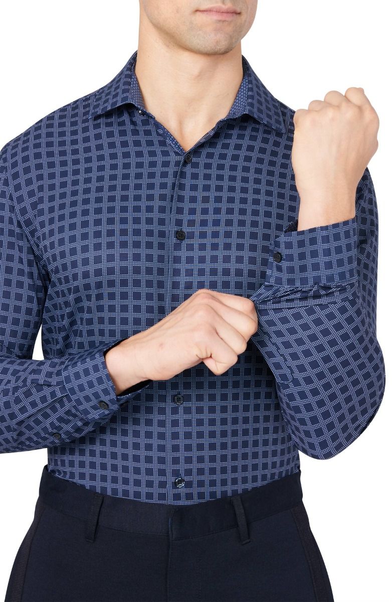 Dotted Check 4-Way Stretch Slim Fit Dress Shirt - Navy