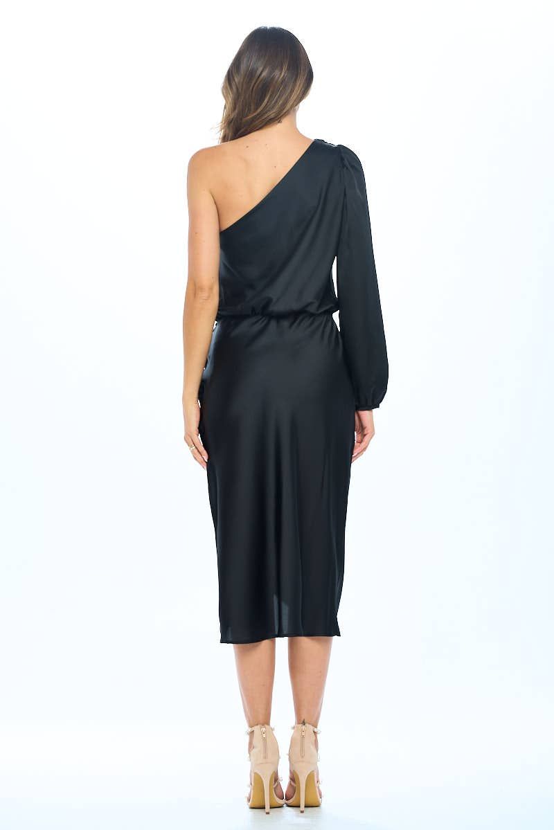 Satin One Shoulder Bodycon w/ Asymmetric Hem - BLACK