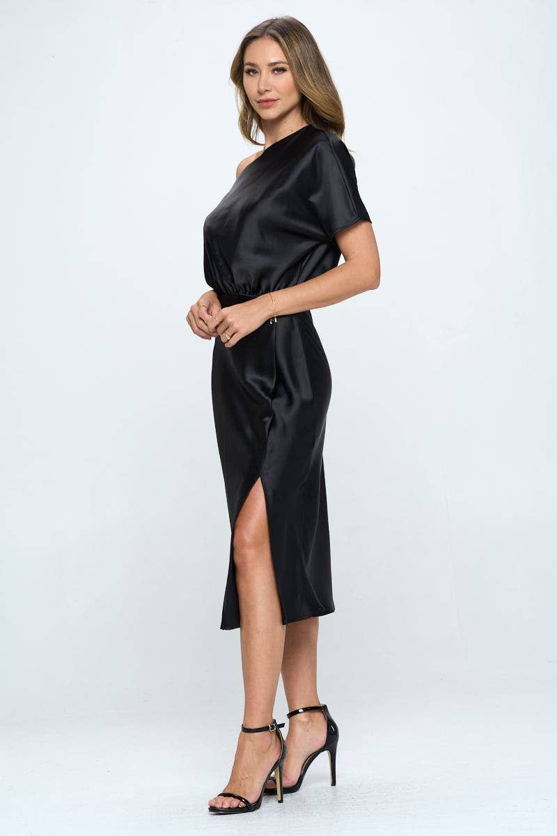Stretch Satin One Shoulder Dress - BLACK