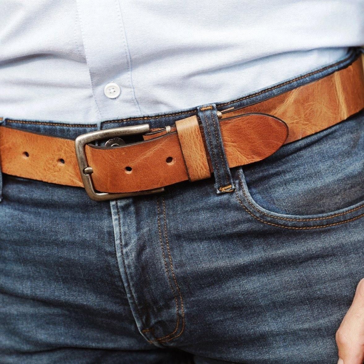 Men's Full Grain Silver Buckle Leather Belt