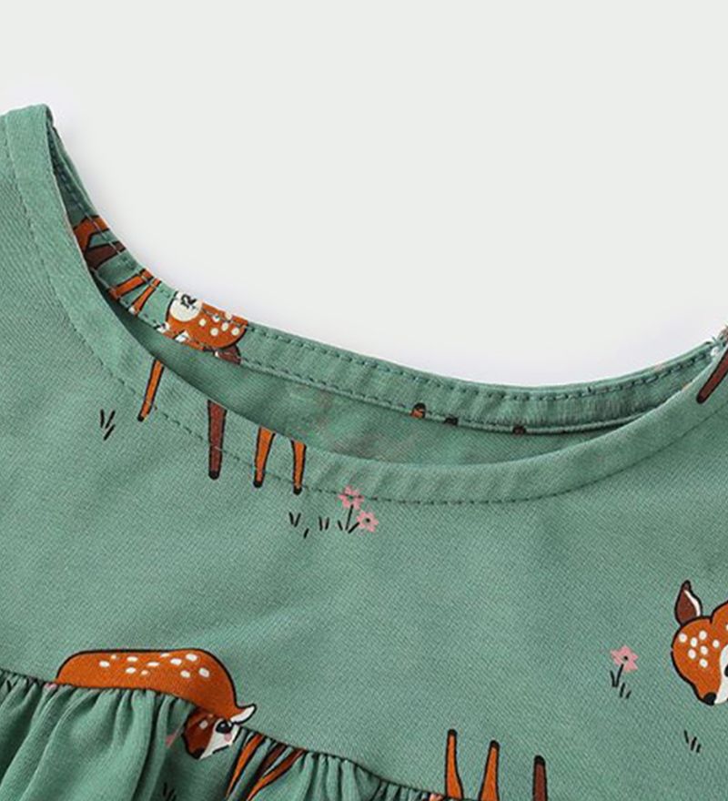 LEEZ Girls Cartoon Sika Deer Printed Long Sleeve Pleated Dress Green