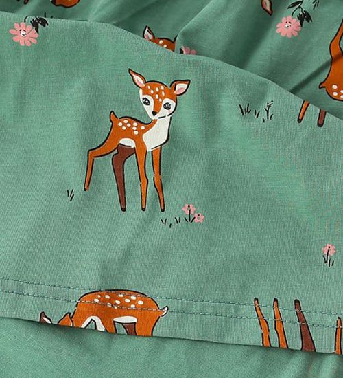 LEEZ Girls Cartoon Sika Deer Printed Long Sleeve Pleated Dress Green