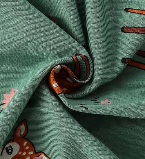 LEEZ Girls Cartoon Sika Deer Printed Long Sleeve Pleated Dress Green