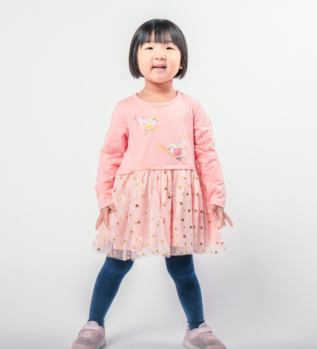 LEEZ Girls Cartoon Birds Printed Long Sleeve Dress Lace Skirt Pink