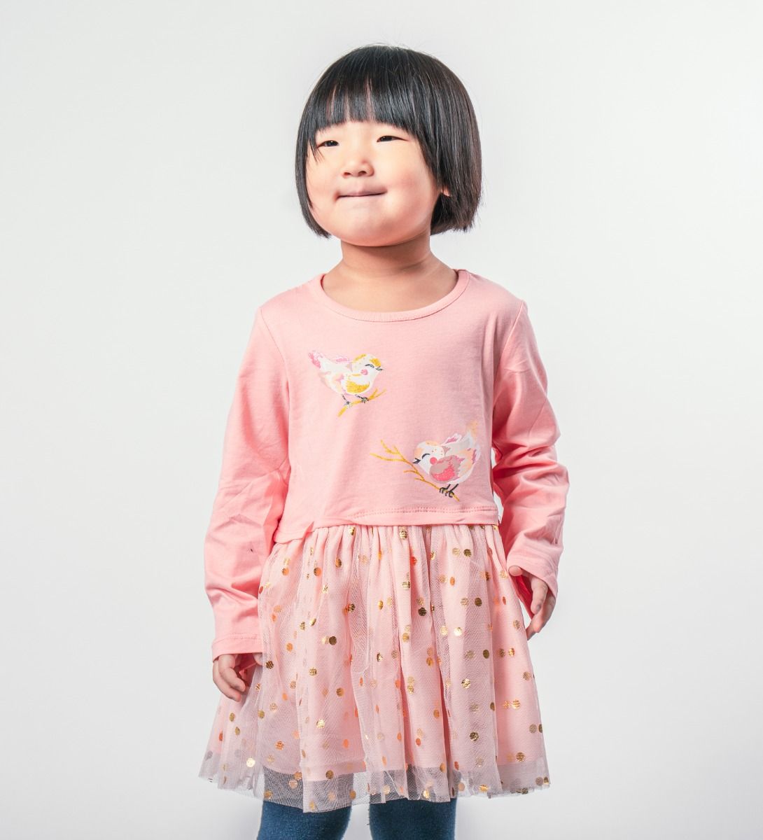 LEEZ Girls Cartoon Birds Printed Long Sleeve Dress Lace Skirt Pink