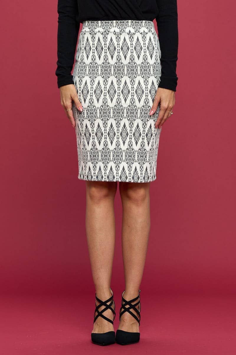 Jacquard Stretch Pencil Skirt - IVORY BLACK