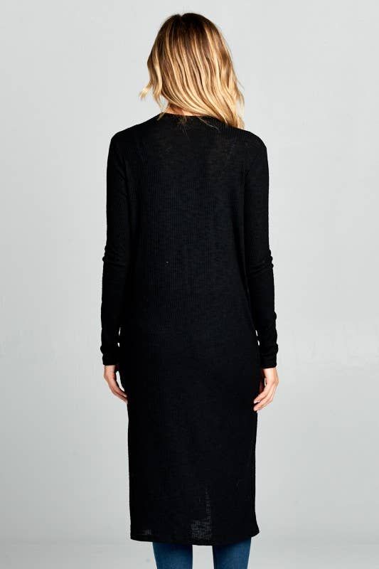 Long Sleeve Ribbed Sweater Cardigan - BLACK