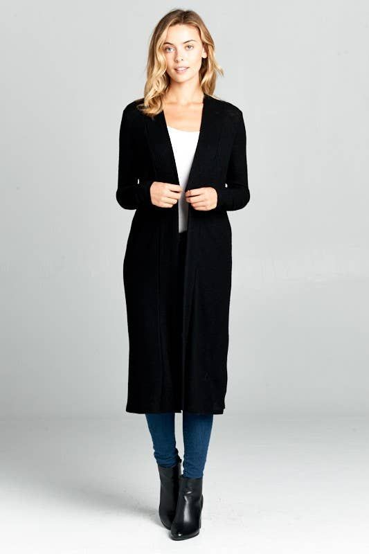 Long Sleeve Ribbed Sweater Cardigan - BLACK