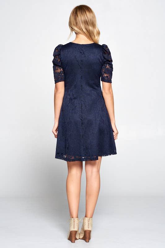 Lace Floral Dress with Puff Sleeve and Lining - NAVY