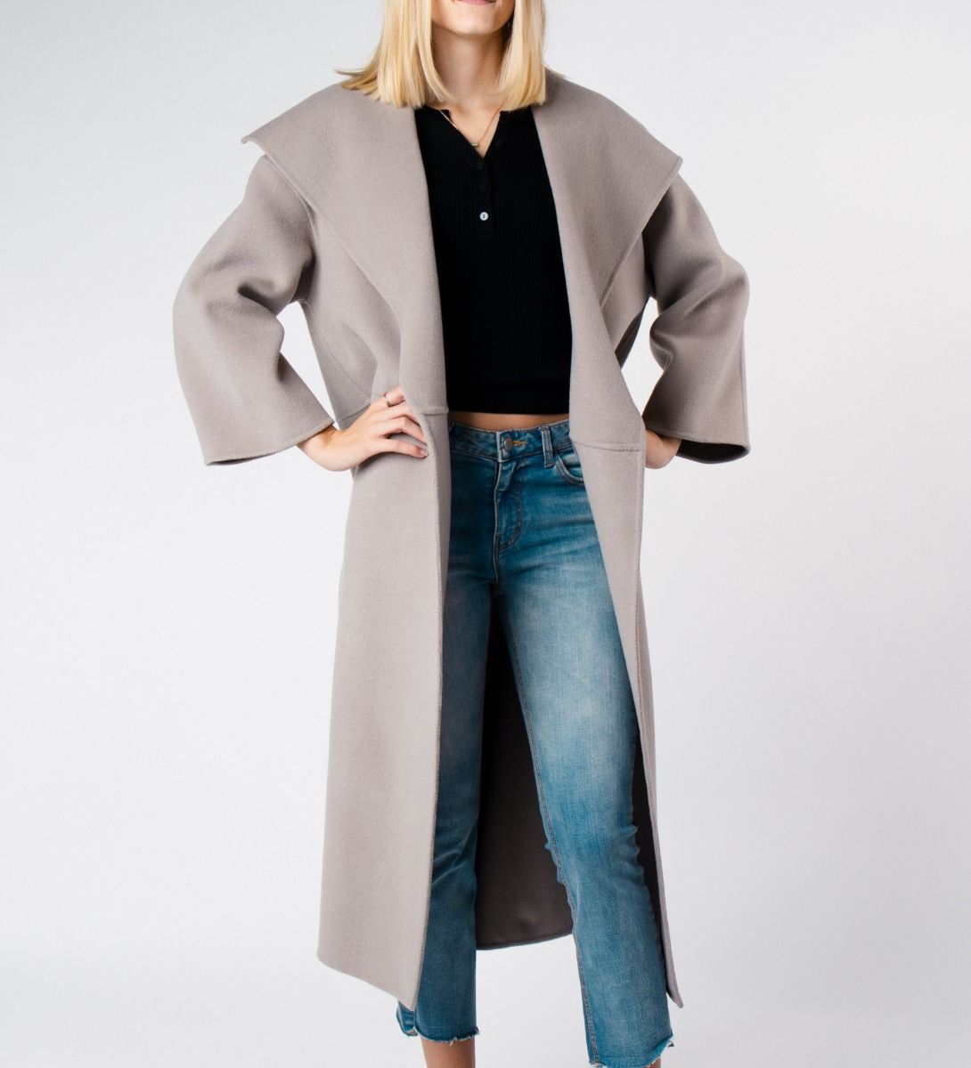 LEEZ Women Double Face Wool Cashmere Coat Gray