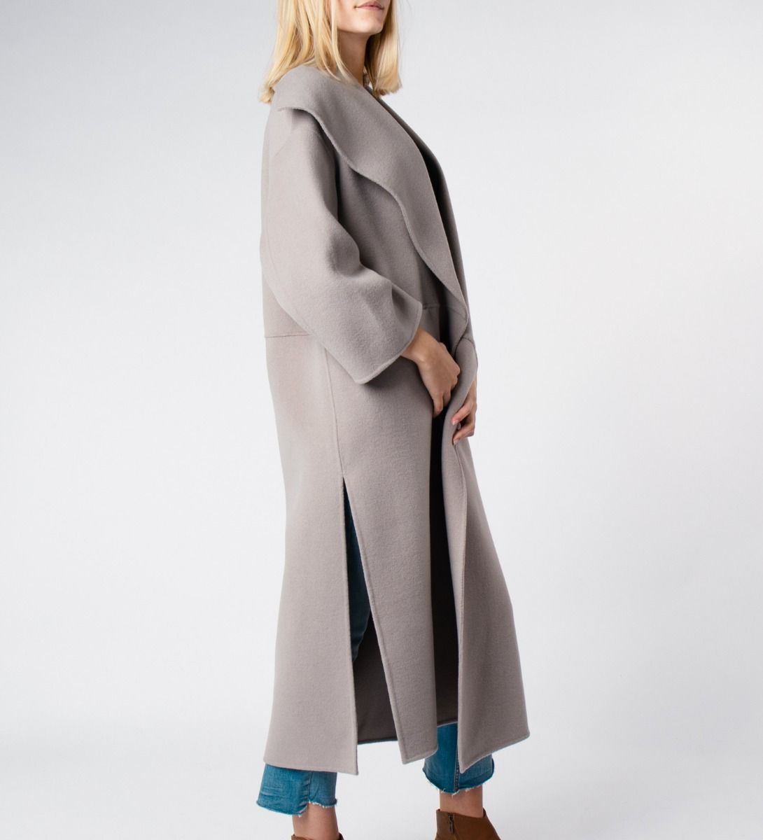 LEEZ Women Double Face Wool Cashmere Coat Gray