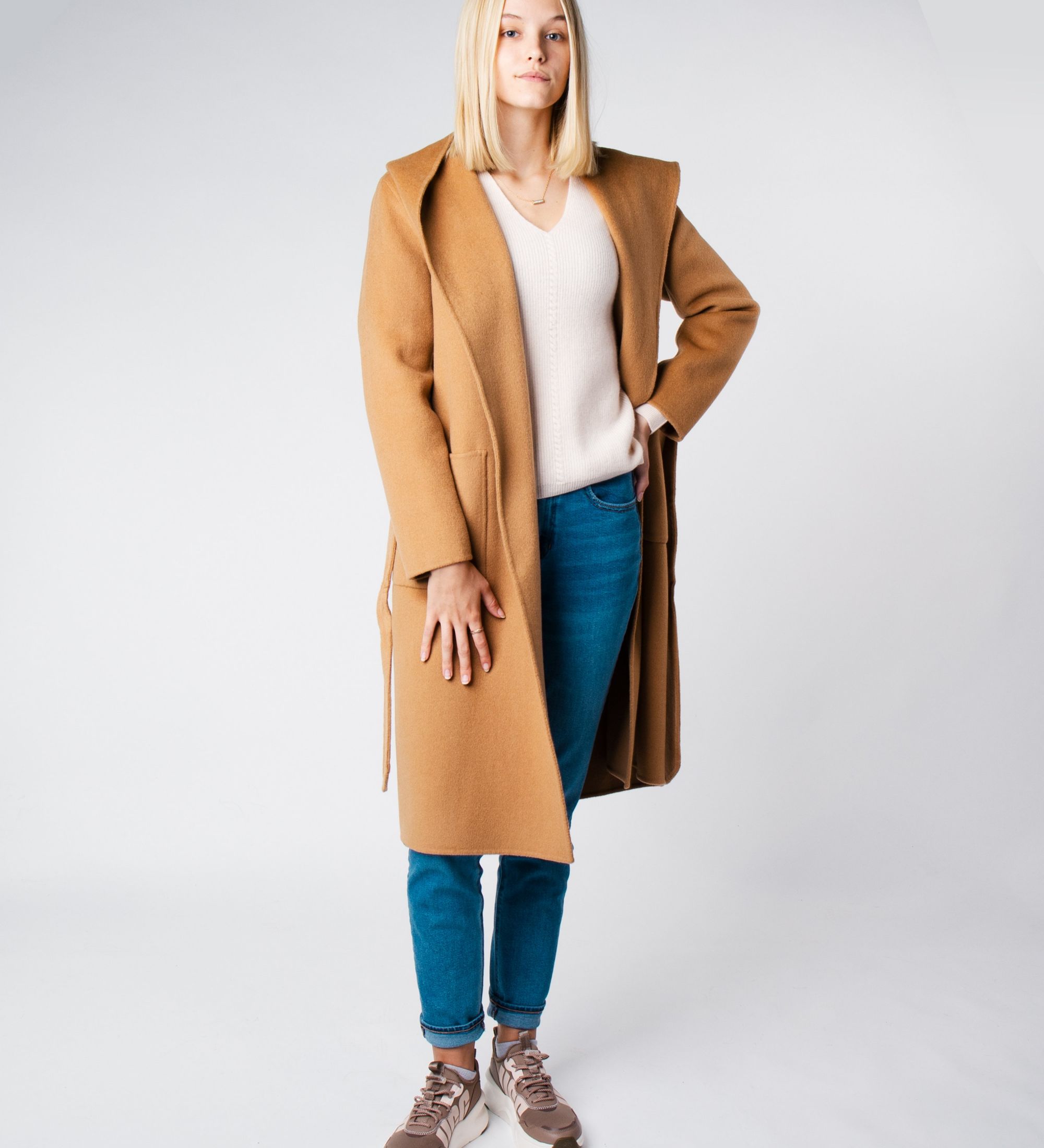LEEZ Women Mid-length Belted Hooded Wool Coat