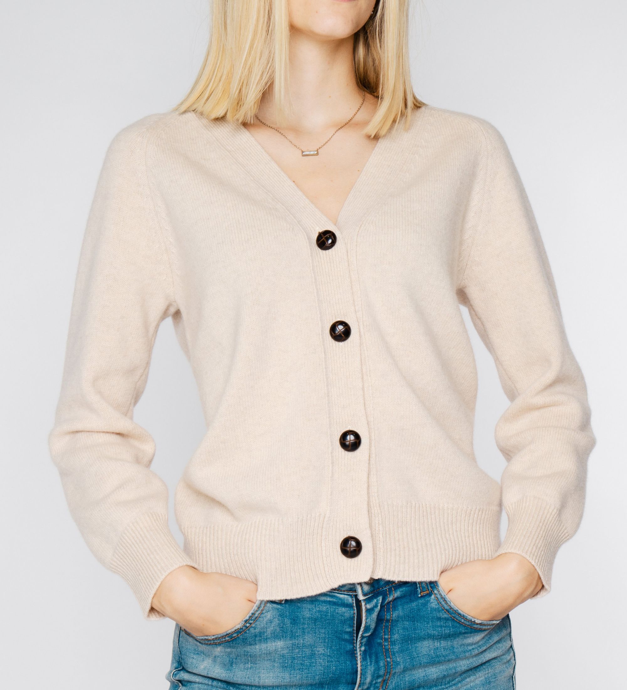 LEEZ Women V-Neck Cardigan in Wool - Beige
