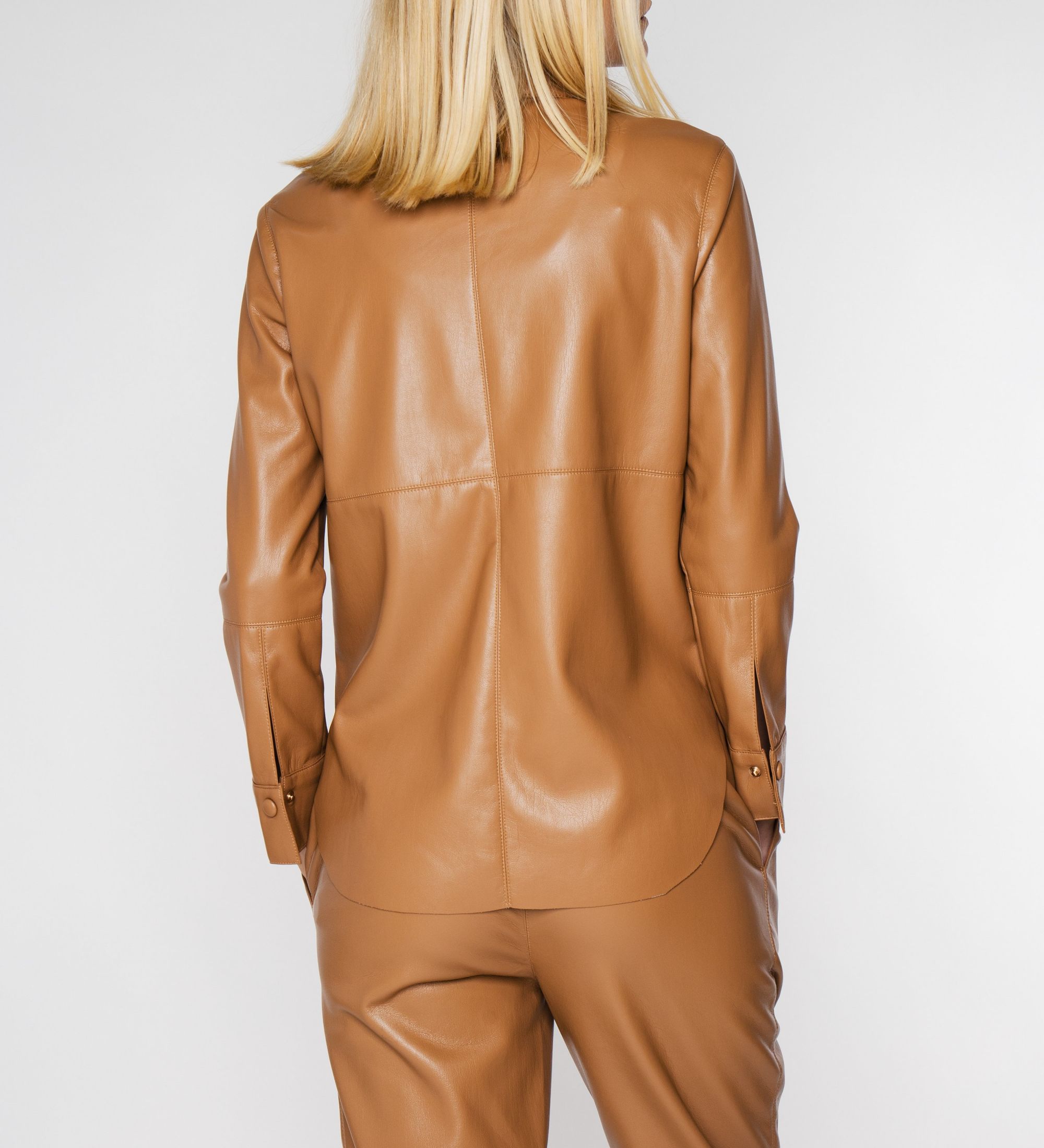 LEEZ Women Leather Shirt Jacket - Camel