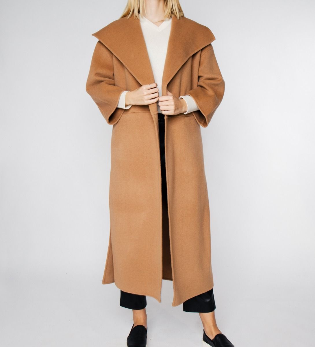 LEEZ Women Double Face Wool Cashmere Coat Camel