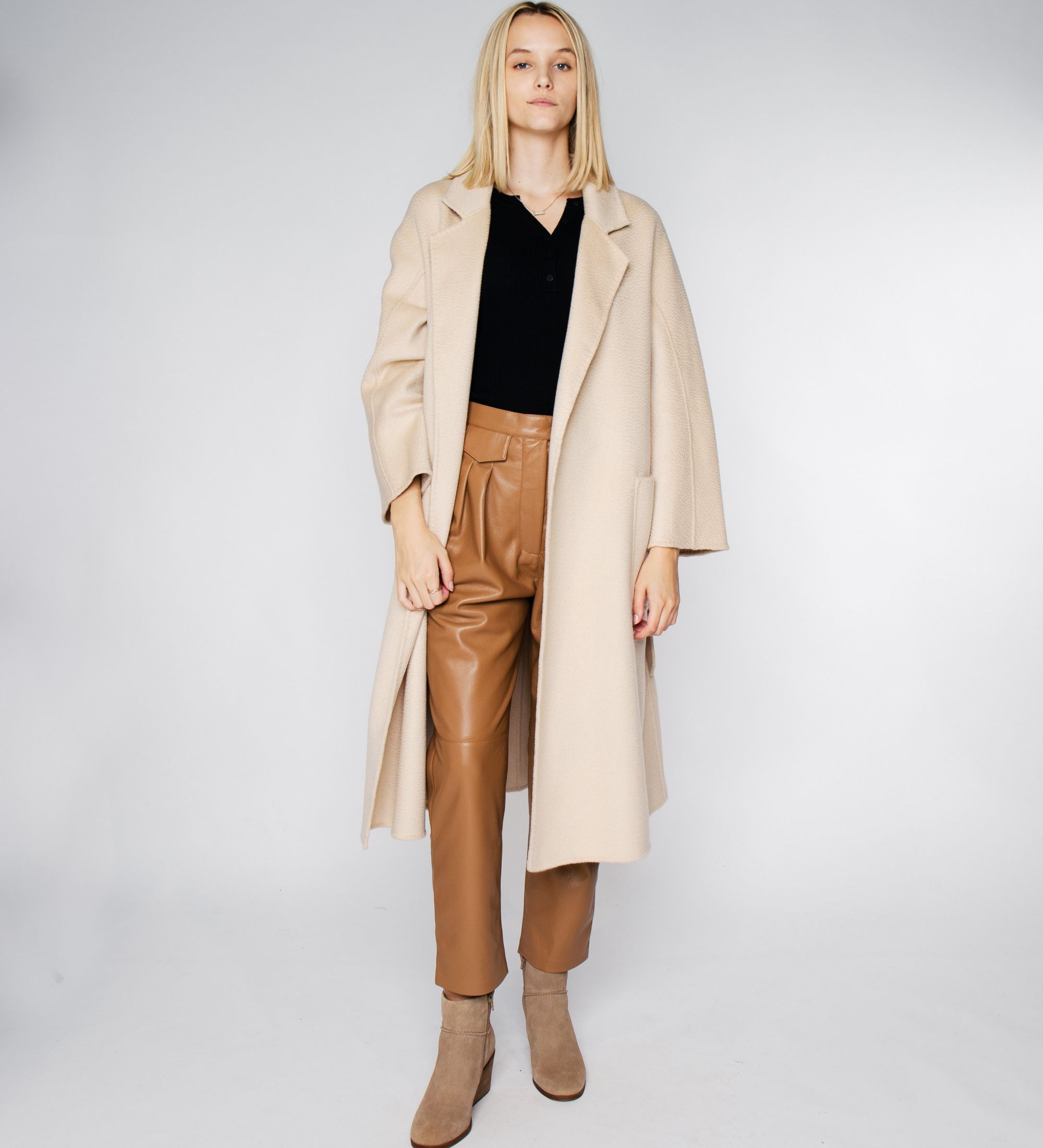 LEEZ Women Double Face Wool-Cashmere Coat Beige