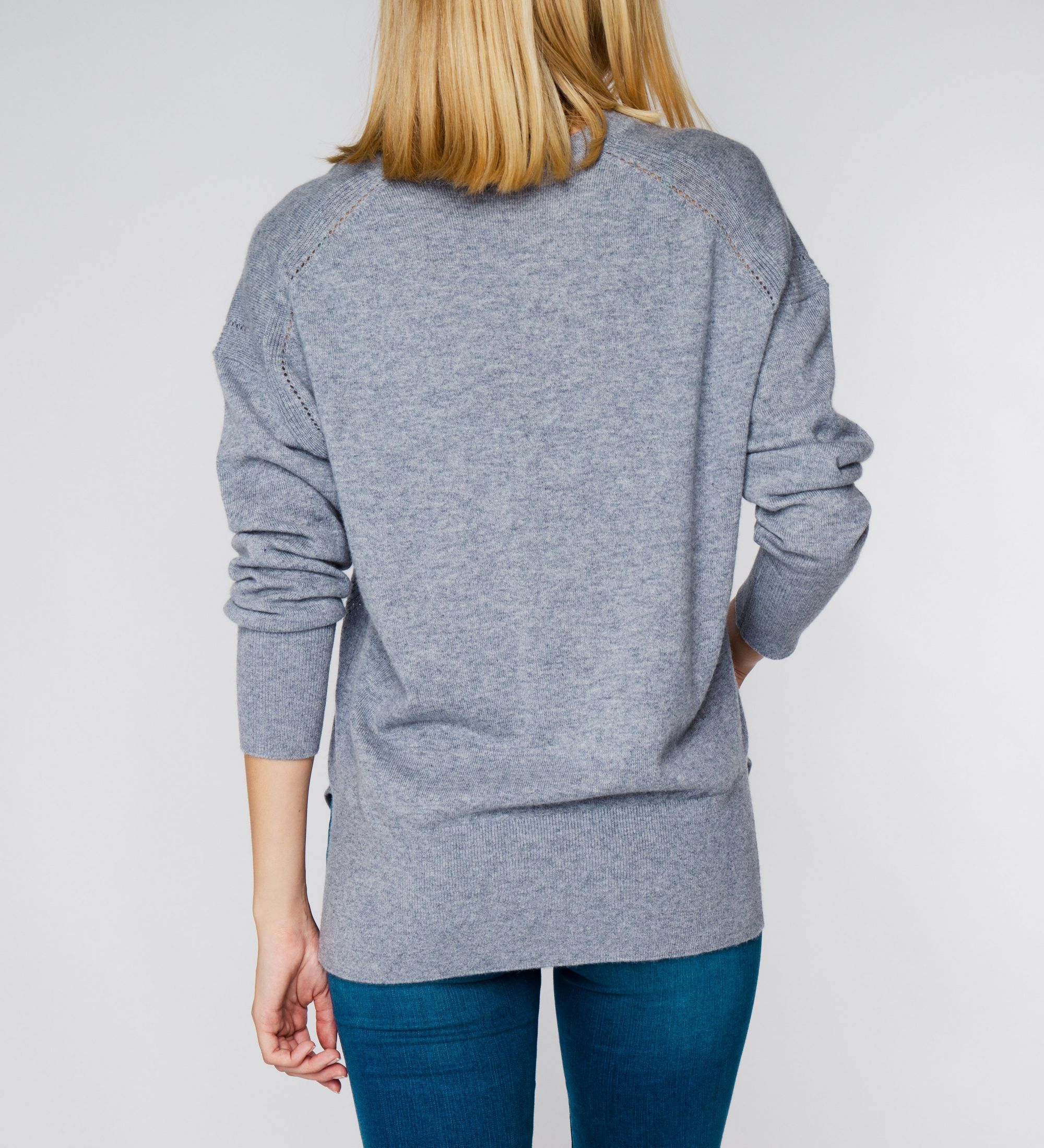LEEZ Women Cashmere V-Neck Sweater - Light Grey