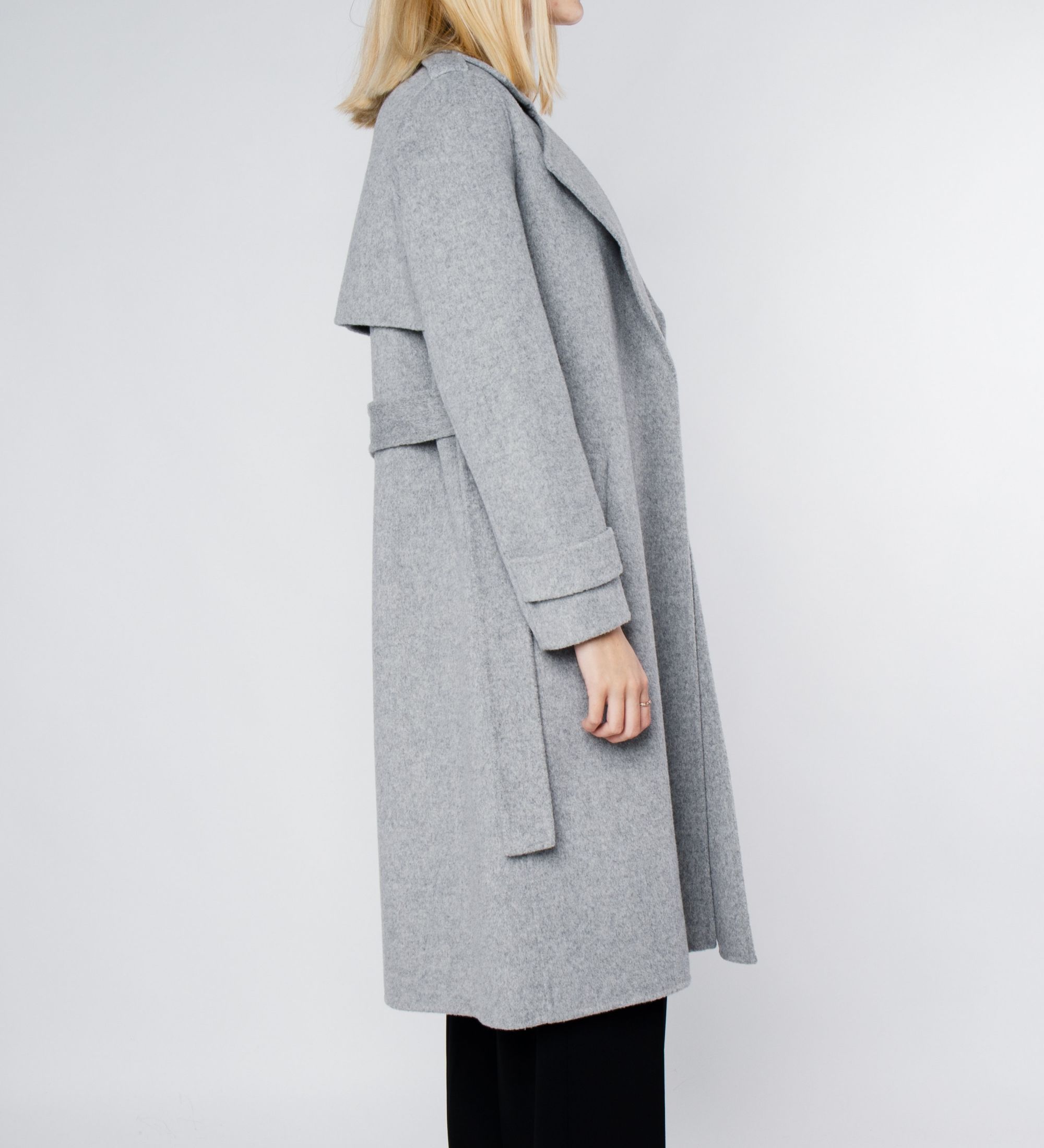 LEEZ Women Mid-length Double Face Wool Belted Overcoat Gray