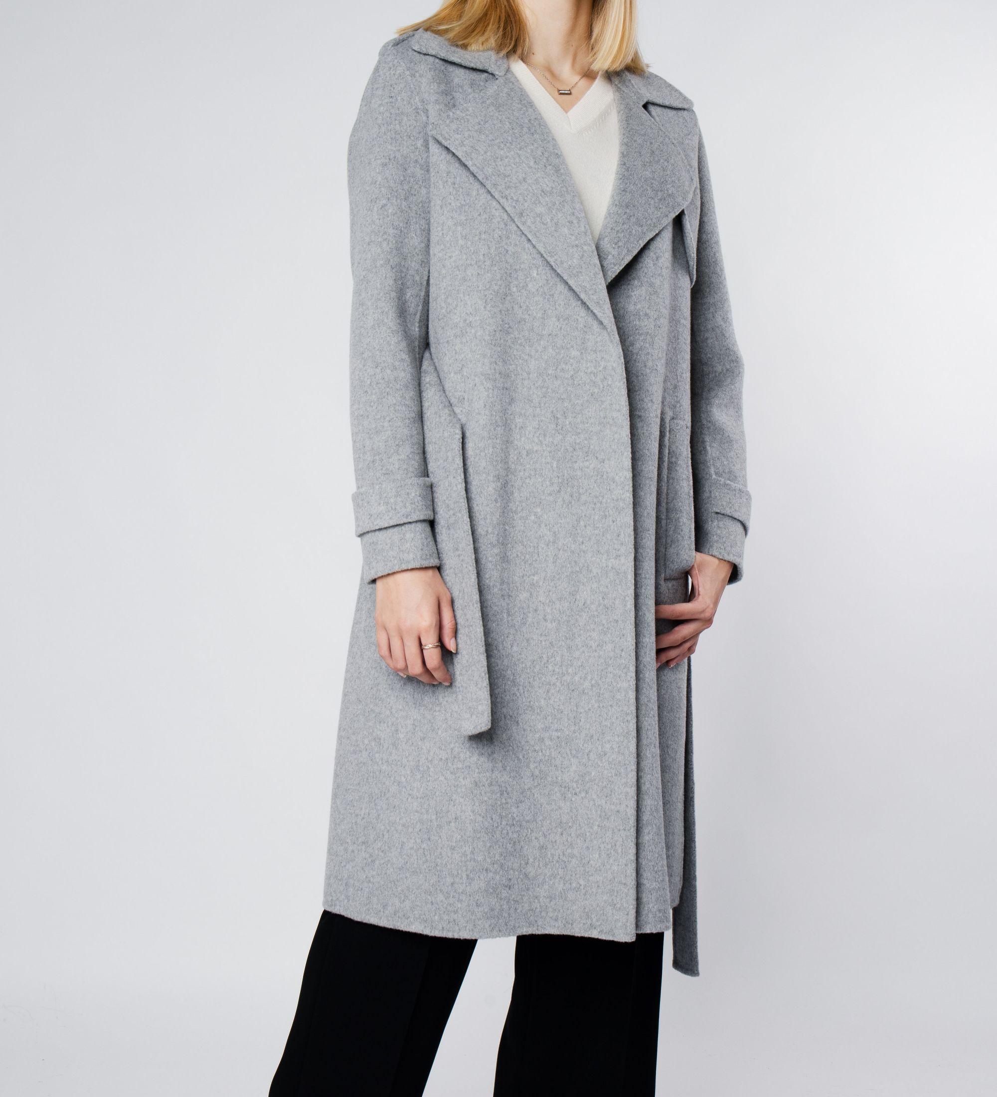 LEEZ Women Mid-length Double Face Wool Belted Overcoat Gray