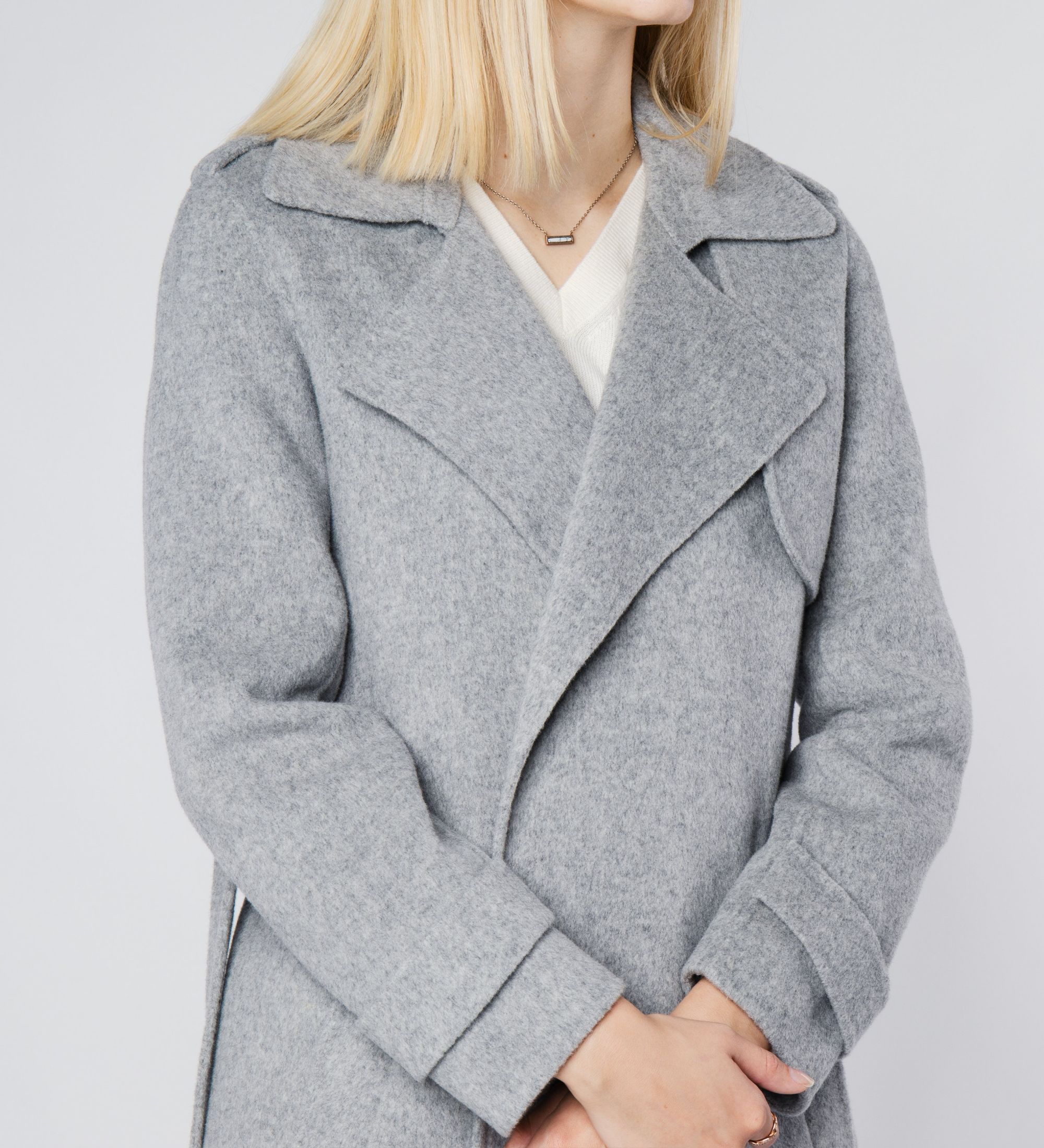 LEEZ Women Mid-length Double Face Wool Belted Overcoat Gray