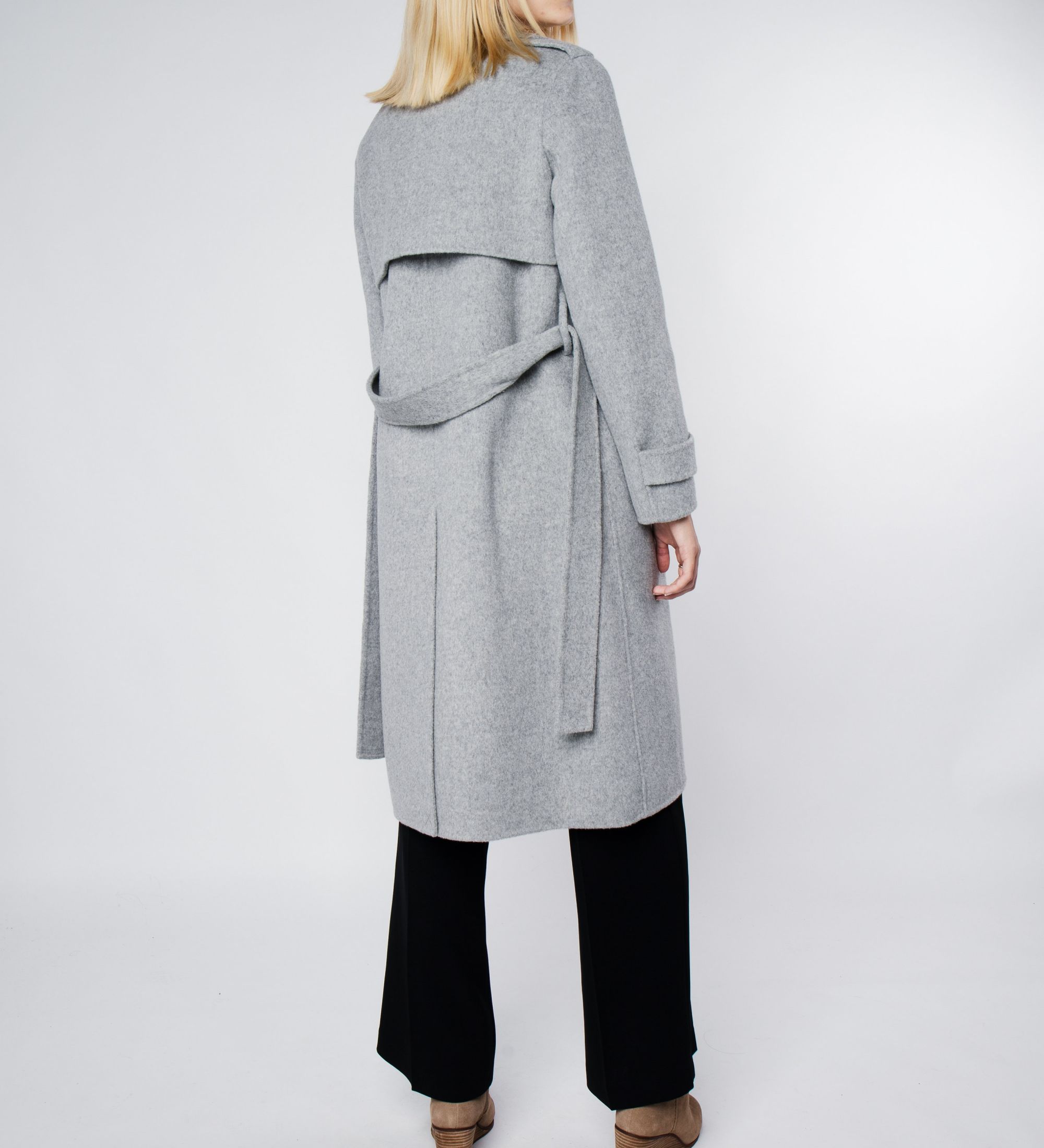 LEEZ Women Mid-length Double Face Wool Belted Overcoat Gray