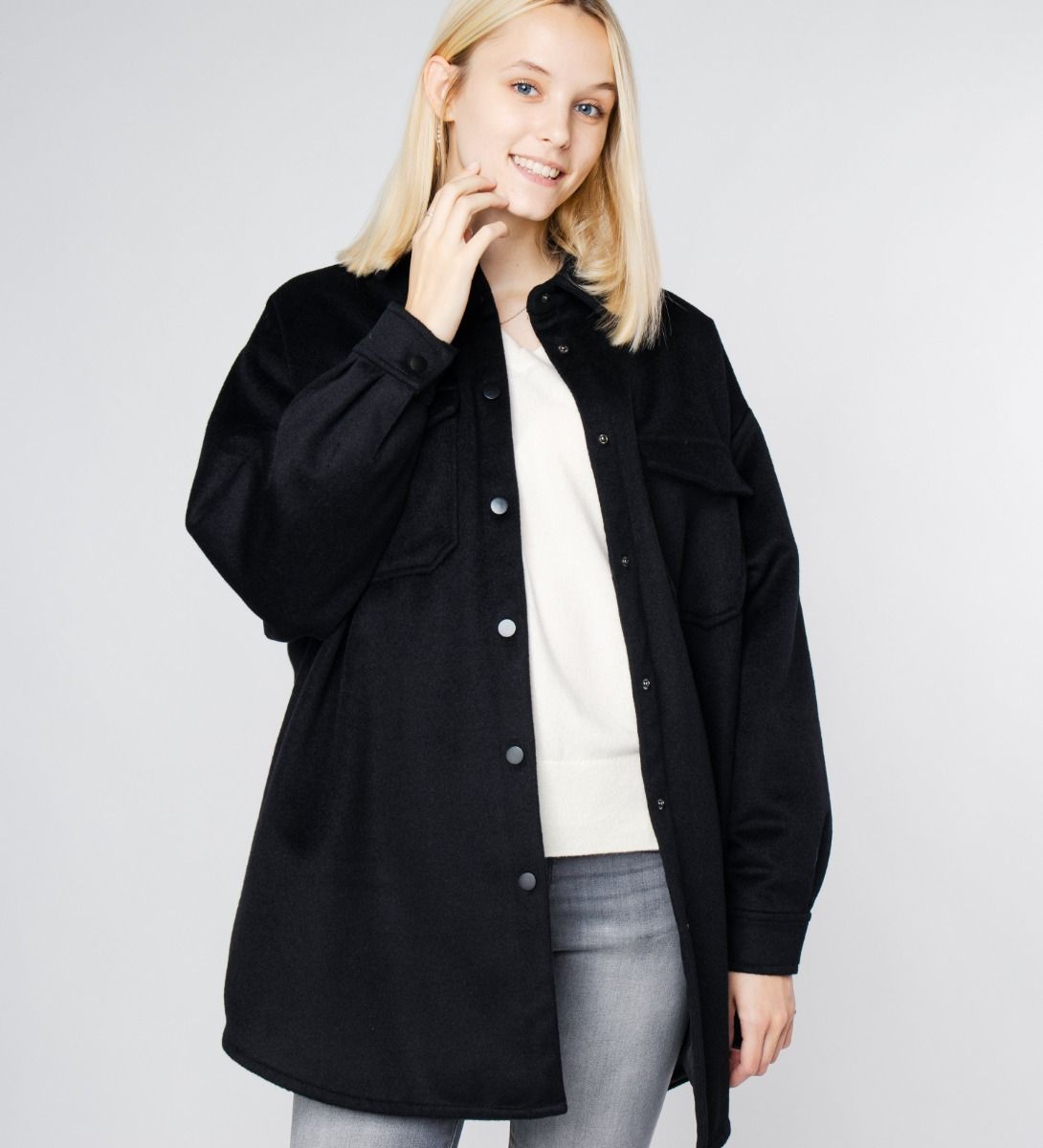 LEEZ Women Wool Shirt Jacket Black