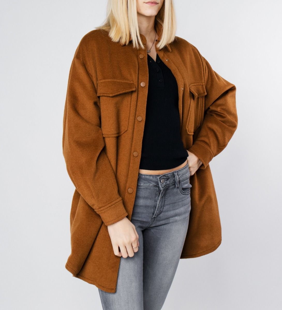 LEEZ Women Wool Shirt Jacket Brown