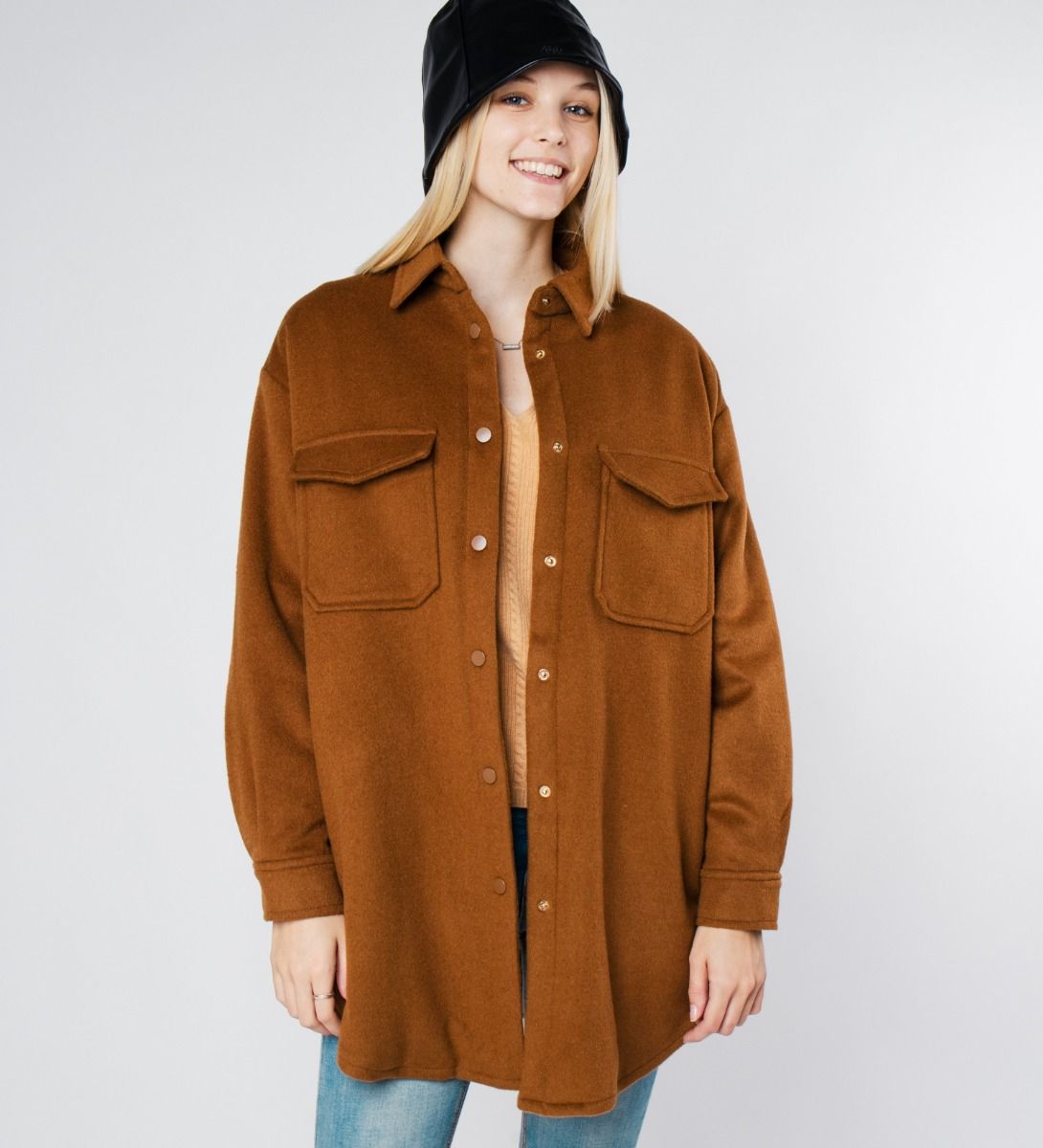 LEEZ Women Wool Shirt Jacket Brown