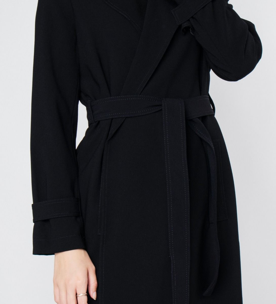 LEEZ Women Triacetate Mid-length Belted Trench Coat - Black