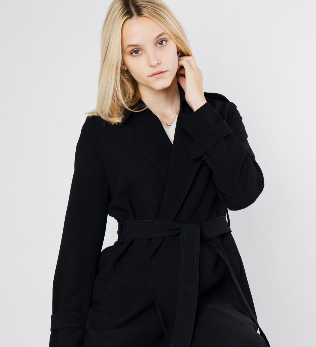 LEEZ Women Triacetate Mid-length Belted Trench Coat - Black