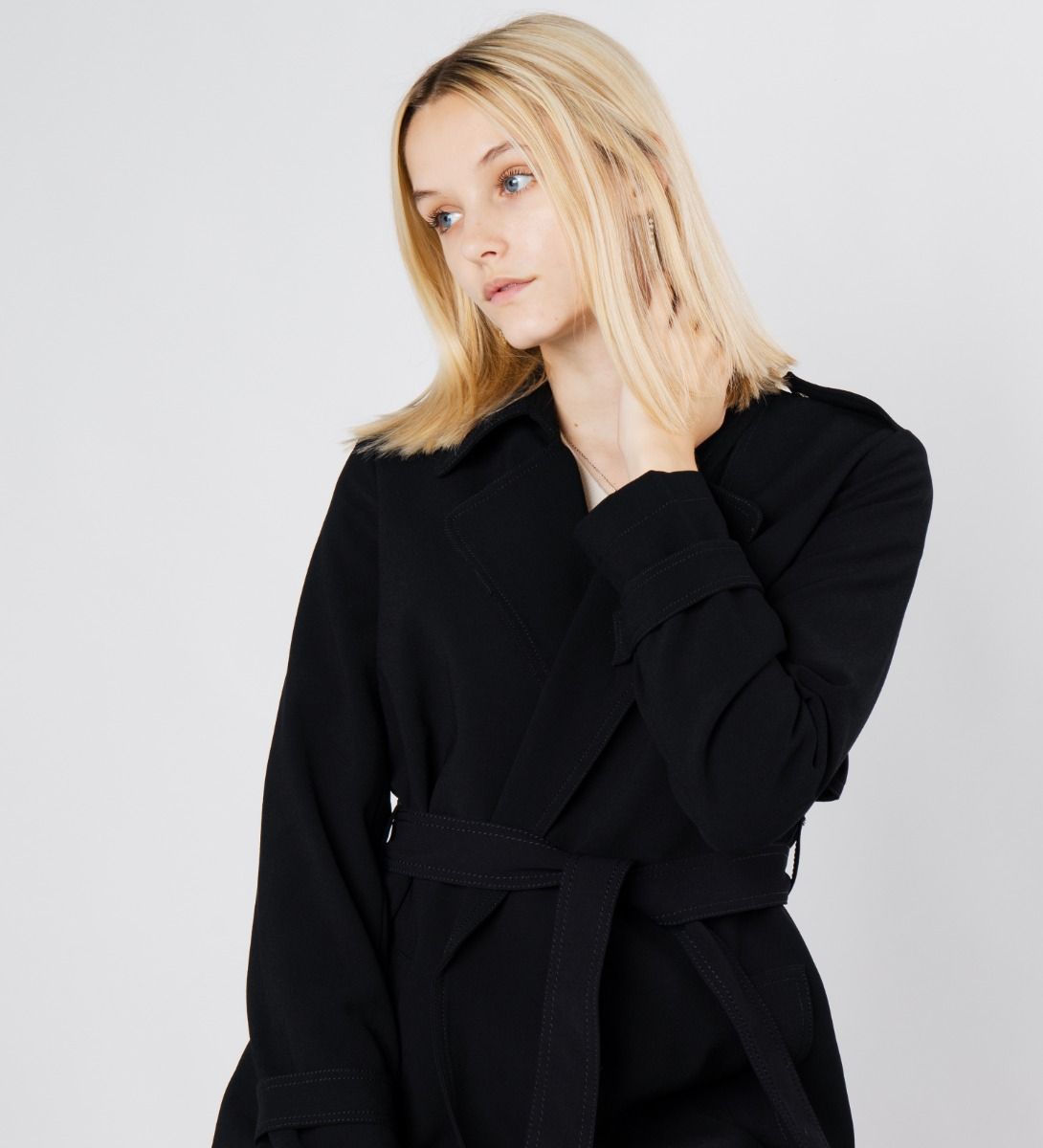 LEEZ Women Triacetate Mid-length Belted Trench Coat - Black