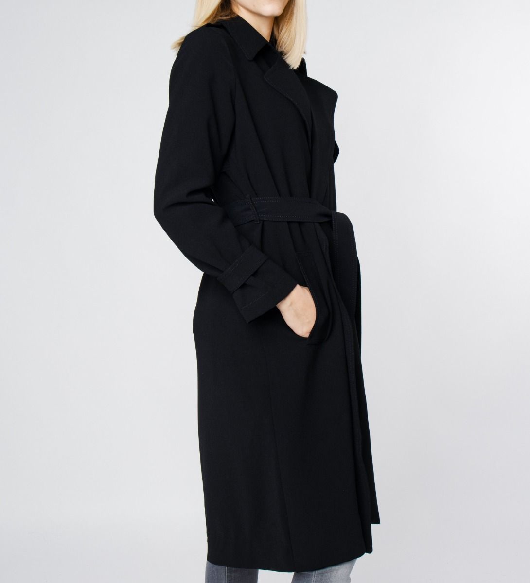 LEEZ Women Triacetate Mid-length Belted Trench Coat - Black