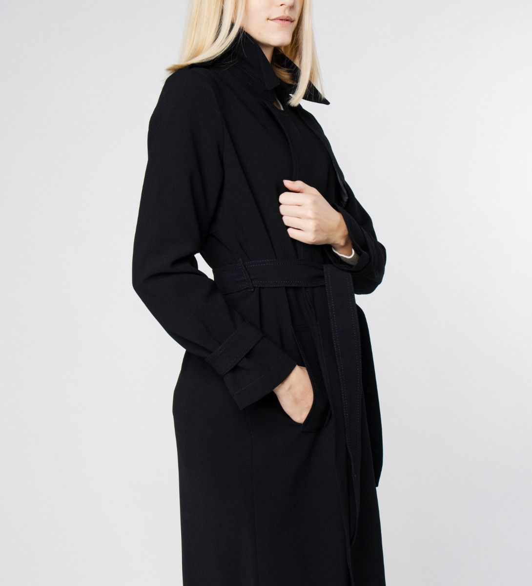 LEEZ Women Triacetate Mid-length Belted Trench Coat - Black