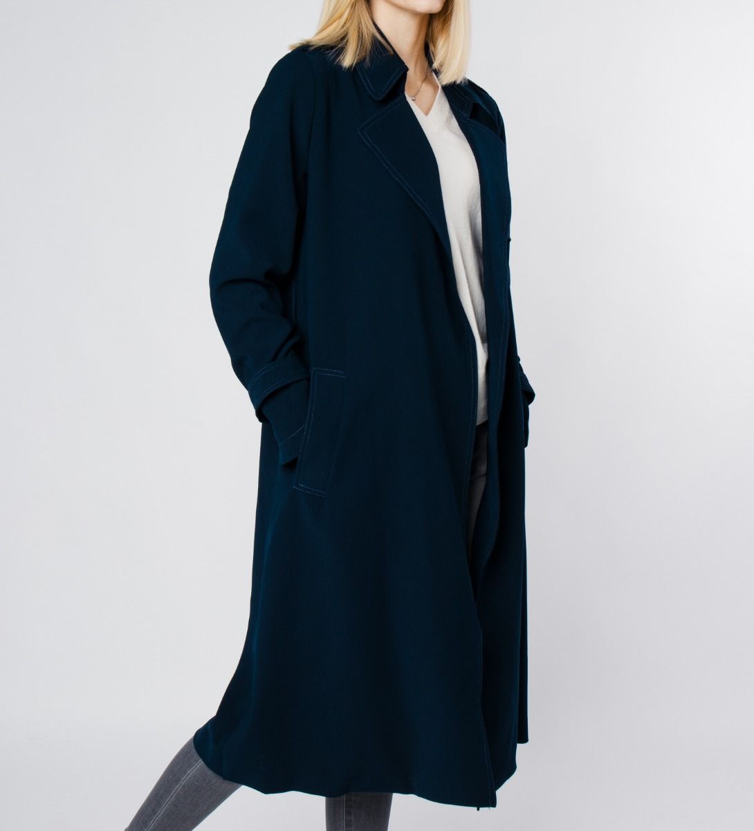 LEEZ Women Triacetate Mid-length Belted Trench Coat - Navy