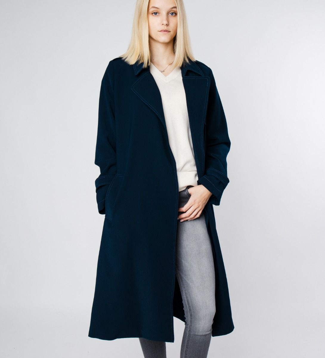 LEEZ Women Triacetate Mid-length Belted Trench Coat - Navy