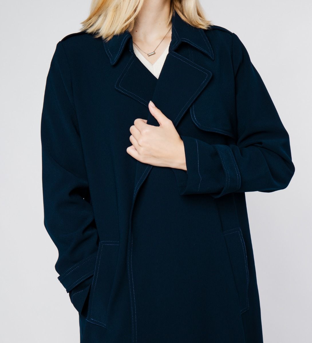 LEEZ Women Triacetate Mid-length Belted Trench Coat - Navy