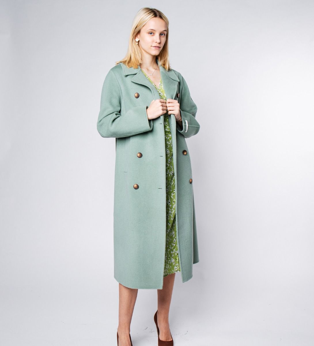 LEEZ Women Wool Double-Breasted Overcoat - Pea Green