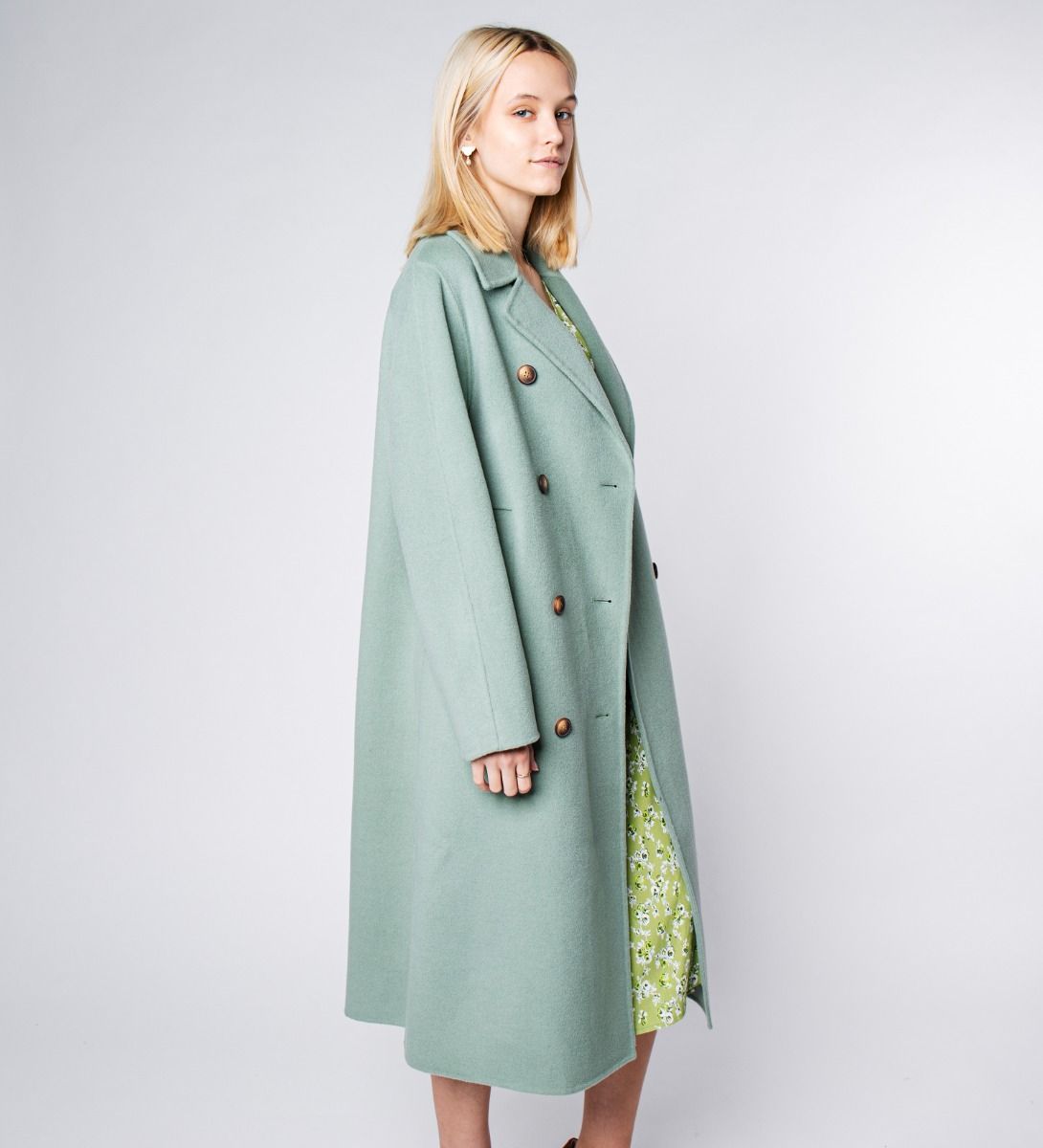 LEEZ Women Wool Double-Breasted Overcoat - Pea Green