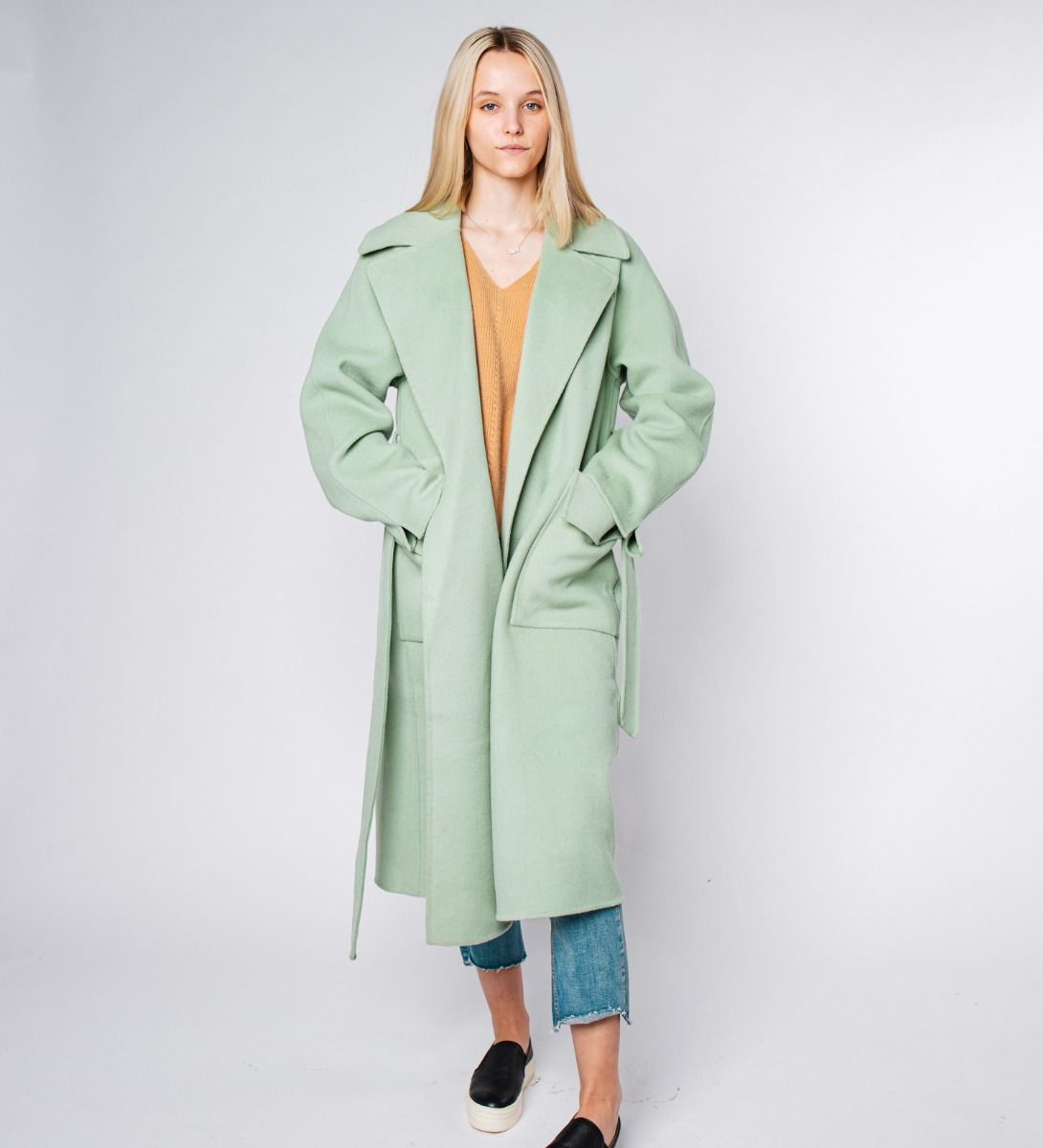 LEEZ Women Pastel Double Face Wool Overcoat - Celadon