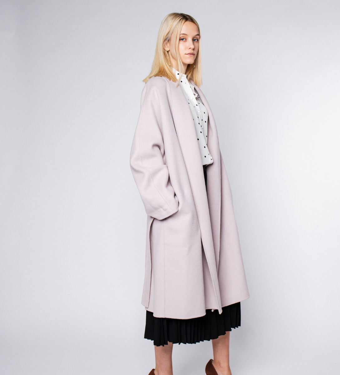 LEEZ Women Mid-Length Double Face Wool Belted Coat - Lavender Blush