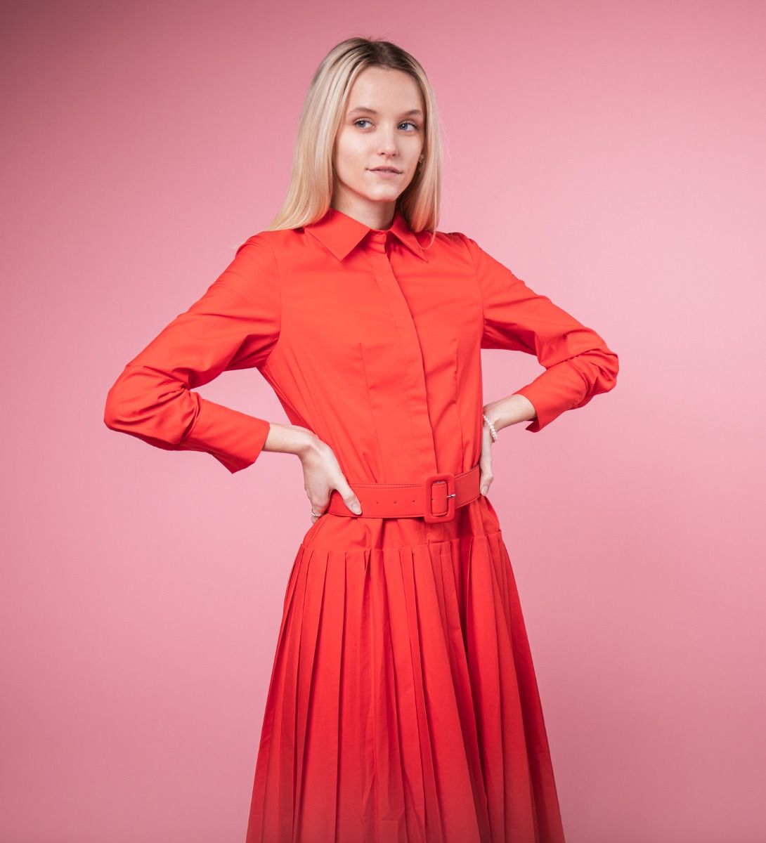 Pleated Shirt Dress Red