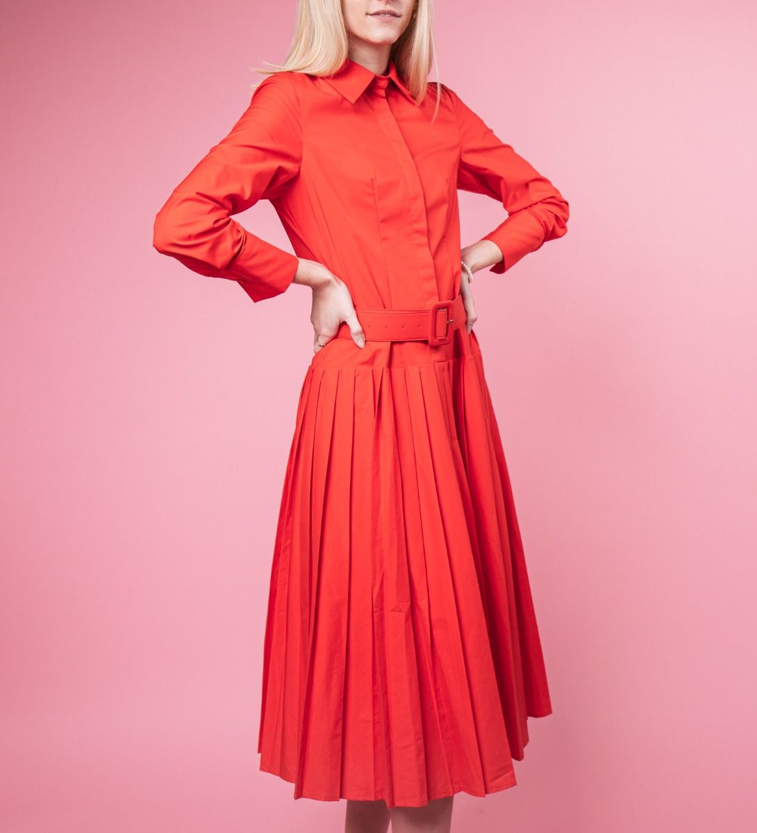 Pleated Shirt Dress Red
