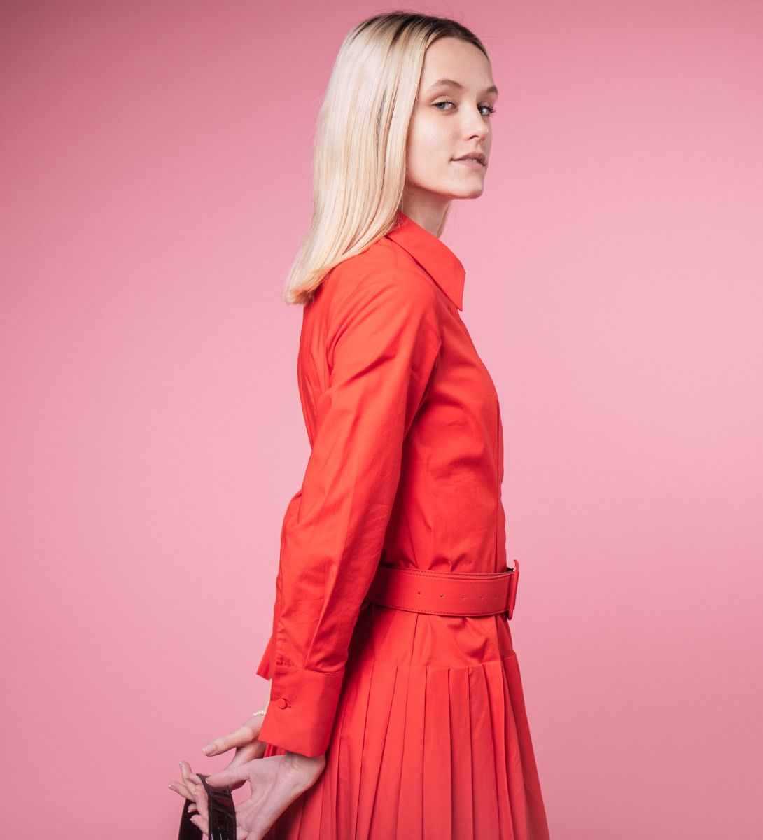 Pleated Shirt Dress Red