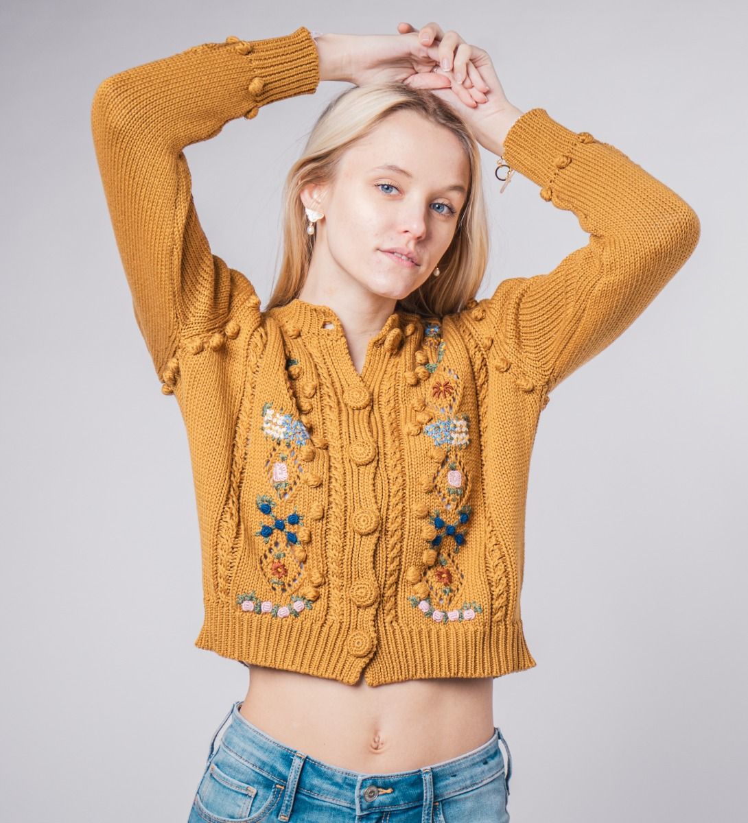 LEEZ Women Floral Patterns Knit Cardigan Sweater Brown