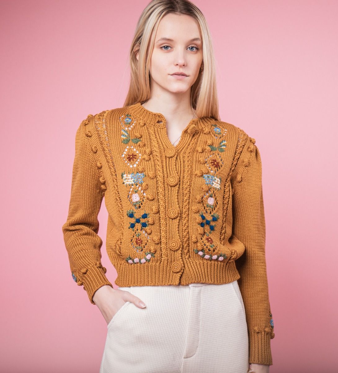 LEEZ Women Floral Patterns Knit Cardigan Sweater Brown