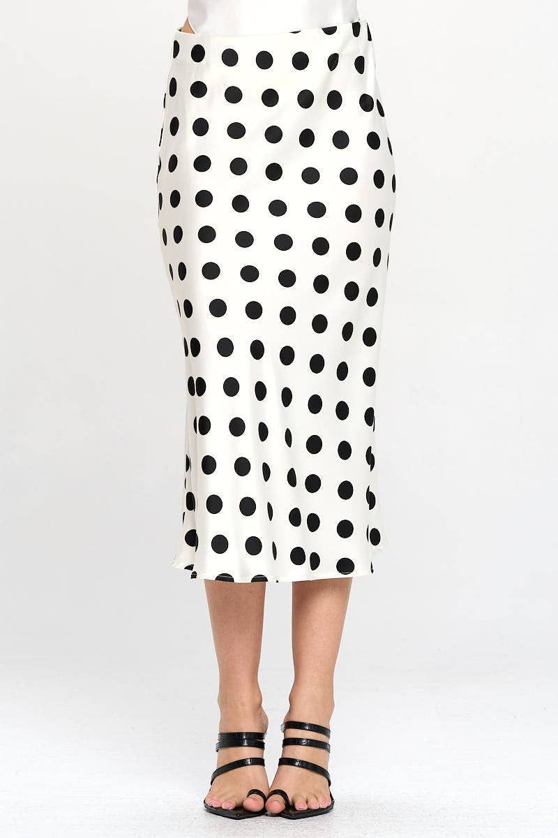 Polka Dot Satin Midi Skirt - WHITE